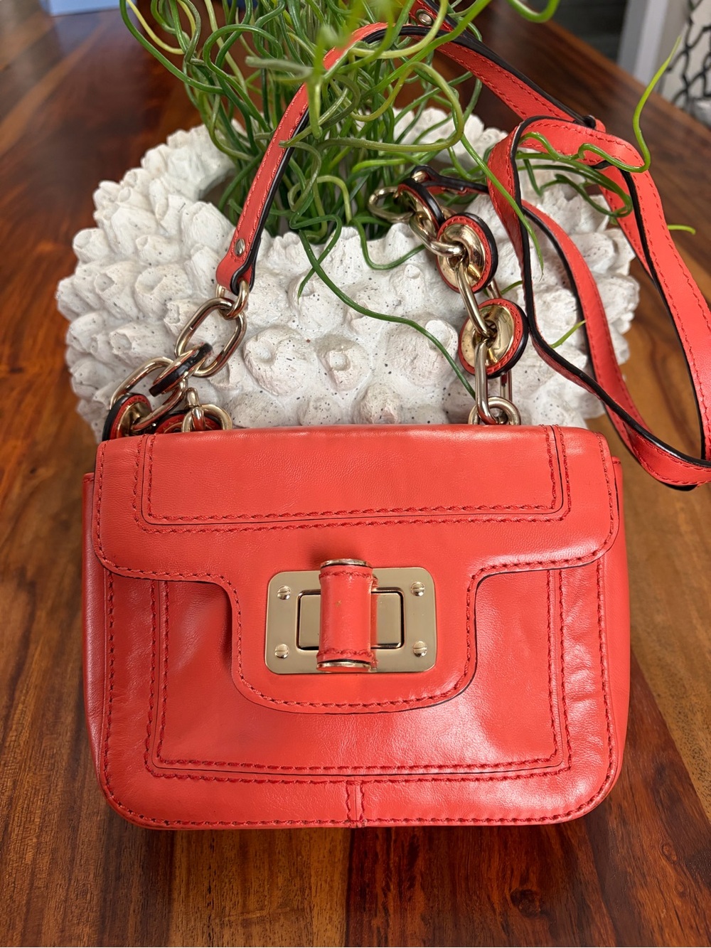 Reiss Coral-Red Leather Chain Crossbody Bag